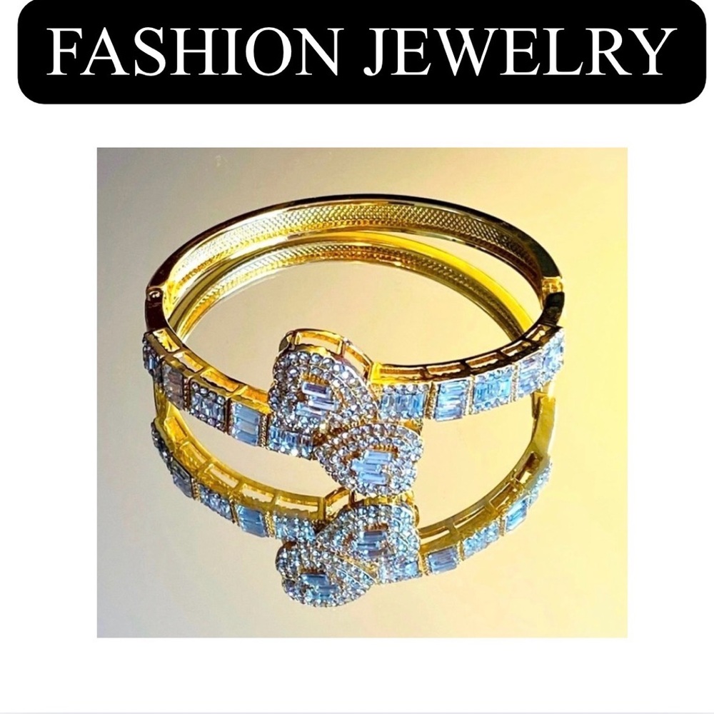 Cubic Zirconia Double Heart Shaped Open Bangle in Gold Tone Setting, EUC